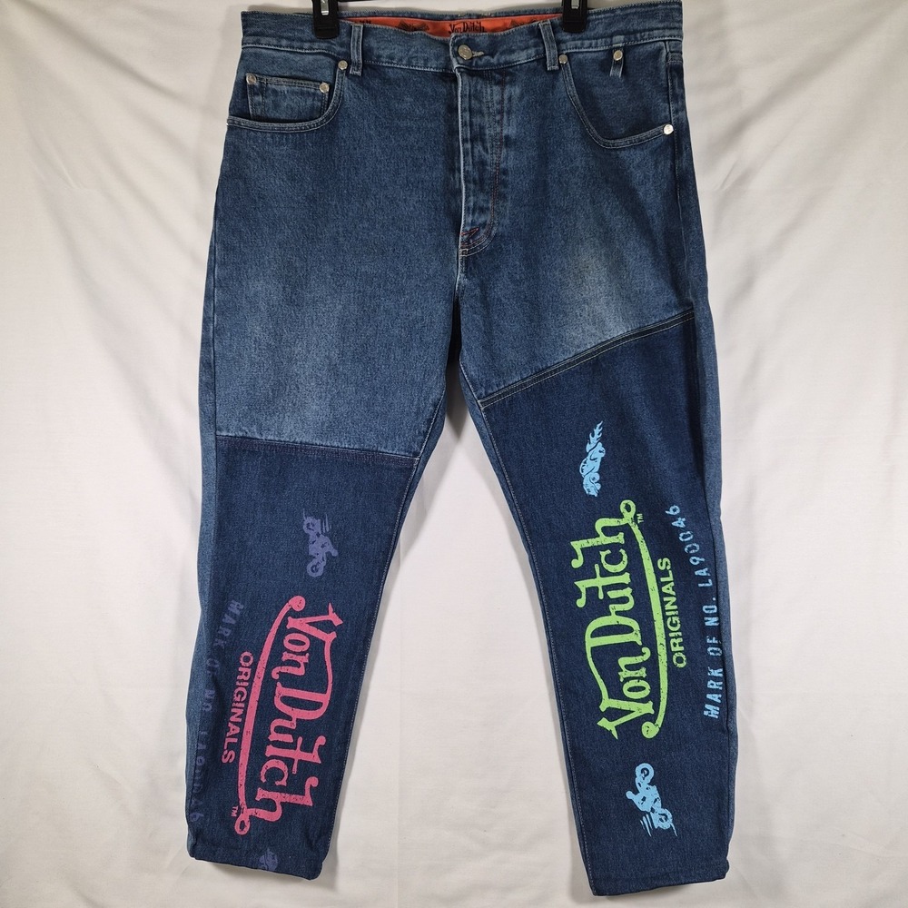 Y2K Von Dutch Logo Jeans Mens 36 Neon Graphic Denim Skater Streetwear Baggy